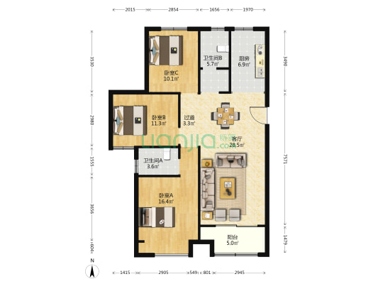 西萧雅苑 3室1厅2卫 127平方
