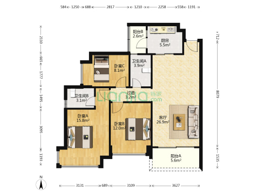 华盈东城美域 3室1厅2卫 112平方