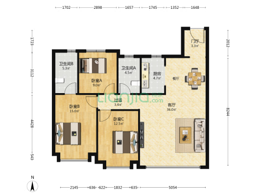 奥城珑樾云祥府 3室1厅2卫 122平方