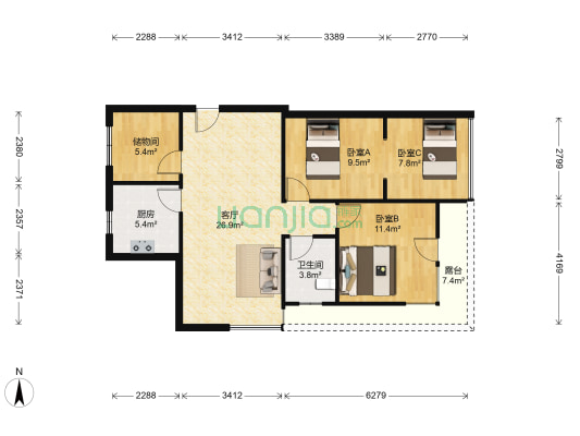 景瑞阳光尚城 3室1厅1卫 89平方