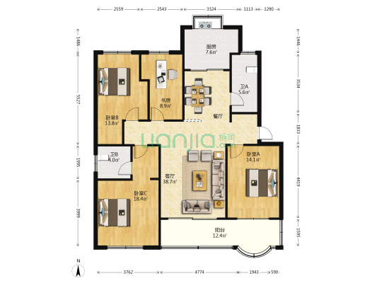 民安路5号 4室1厅2卫 140平方