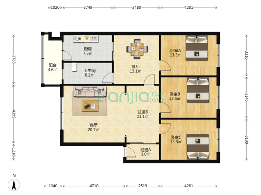 蔬菜局小区 3室2厅1卫 135平方