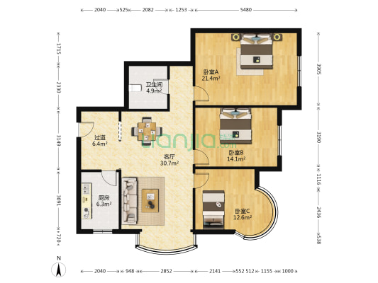 金阳花园 3室1厅1卫 127平方