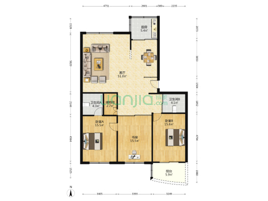 果市新村 3室1厅2卫 142平方