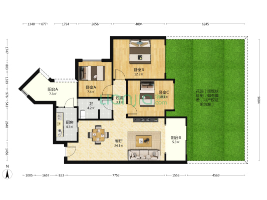滨河湾2期 3室1厅1卫 90平方