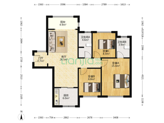 航天溪湖 3室1厅2卫 97平方