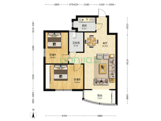 东城逸景 2室1厅1卫 86平方
