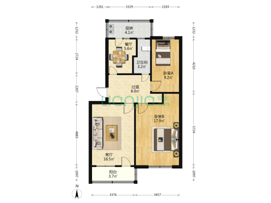 机电宿舍 2室2厅1卫 82平方