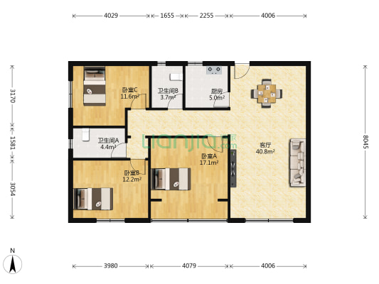 花园小学教师住宅楼 3室1厅2卫 118平方
