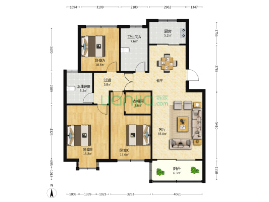 洁芳小区 3室1厅2卫 125平方
