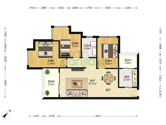 万科金域缇香 3室1厅1卫 89平方