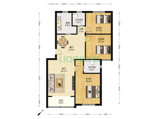 潼港六村 3室2厅2卫 109平方