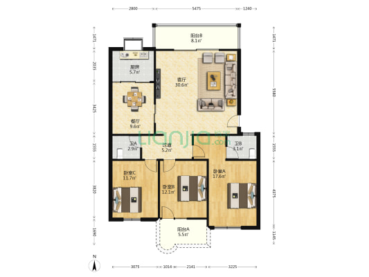 北星花园 3室2厅2卫 148平方