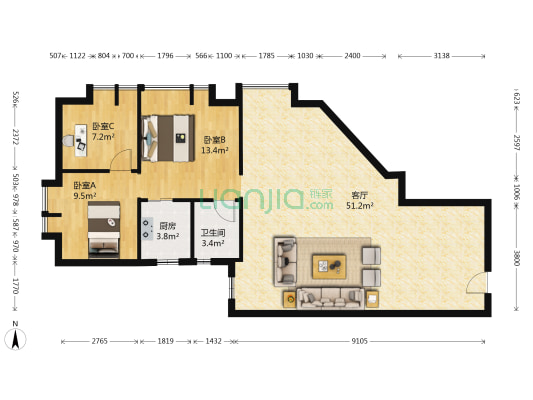 广发花园 3室1厅1卫 125平方