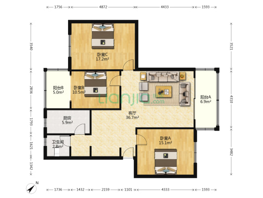 竹溪园小区 3室1厅1卫 114平方