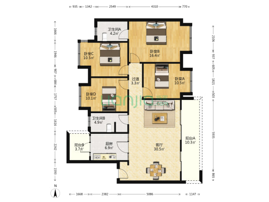 大发熙悦書山境 4室1厅2卫 125平方