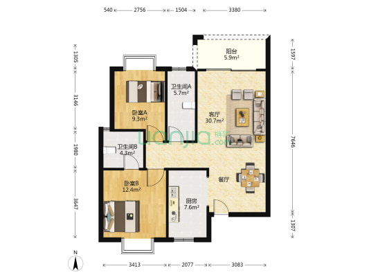 東升花苑 2室1厅2卫 103平方