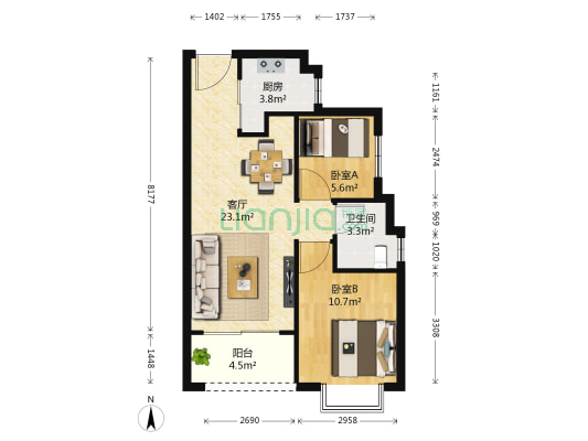 恒大雅苑 2室1厅1卫 73平方