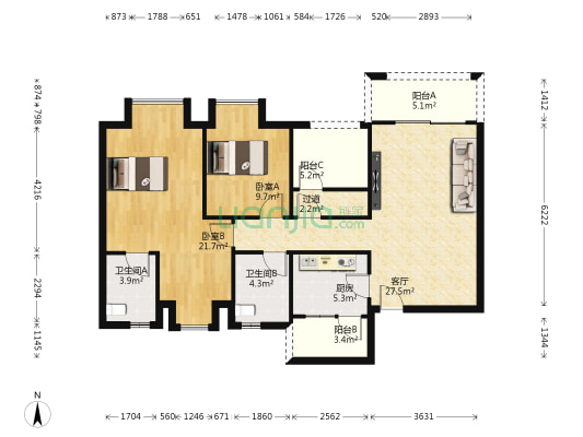 龙湖小庭大院 2室1厅2卫 96平方