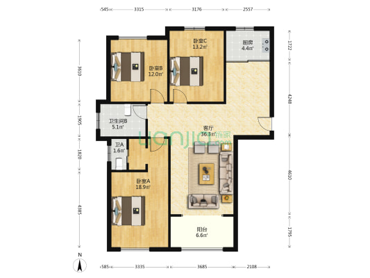 滨河蓝庭 3室1厅2卫 138平方