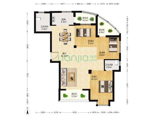 天顺·都市印象 3室1厅2卫 129平方