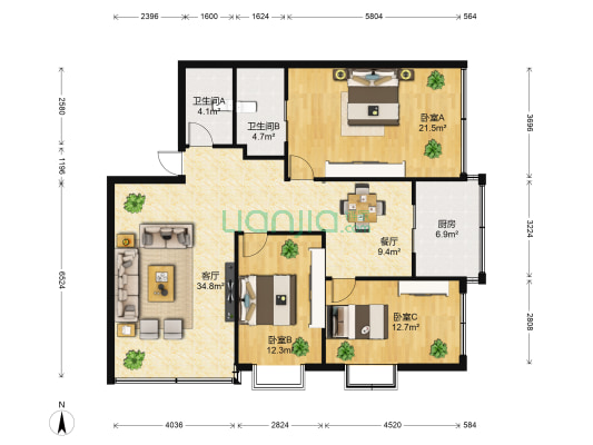 富春花园 3室2厅2卫 123平方