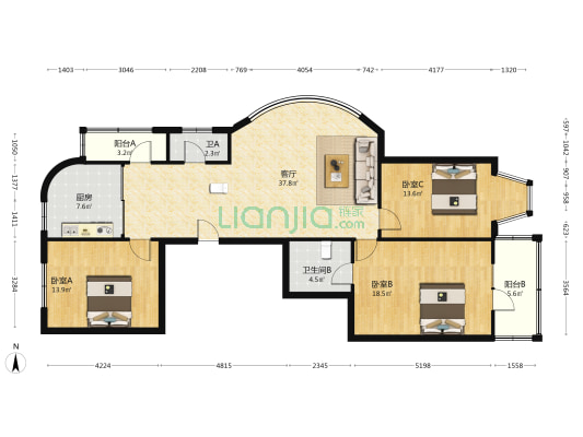 北鸿河畔公寓 3室1厅2卫 146平方