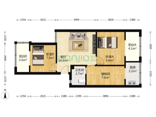 金鱼街58号 2室1厅1卫 66平方