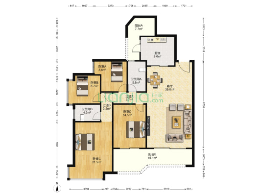 恒大绿洲B区 4室1厅2卫 157平方
