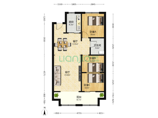学府华庭 3室2厅1卫 94平方