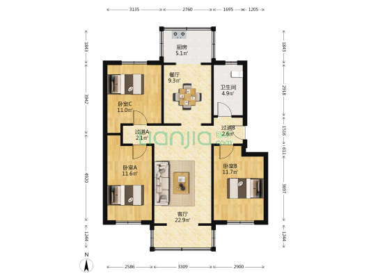 军休家园 3室2厅1卫 95平方