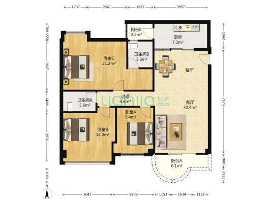 北城白云花园 3室1厅2卫 135平方