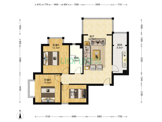 一品雅居 3室1厅0卫 96平方