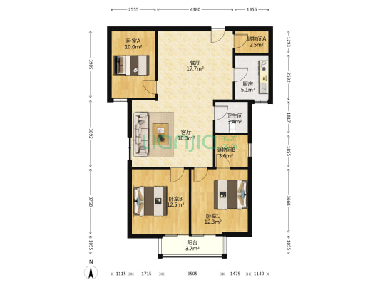 西丁旁大三居。电梯房，带装修，采光充足，楼层好-户型图