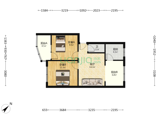 包家巷7号 2室1厅1卫 65平方