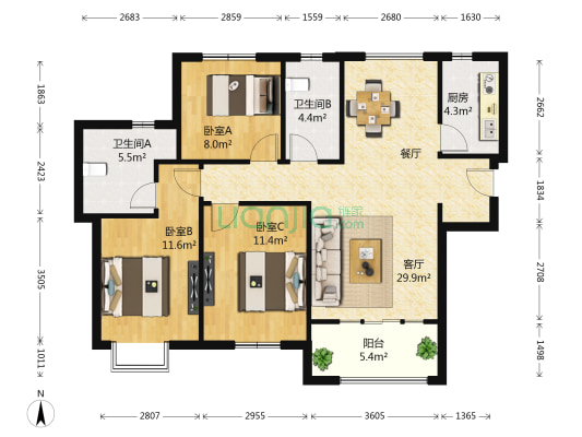 保利金香槟 3室1厅2卫 107平方