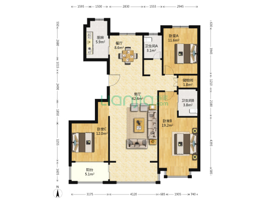 名人花园 3室2厅2卫 138平方