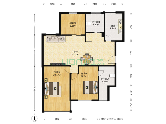 丽都苑 2室1厅2卫 136平方