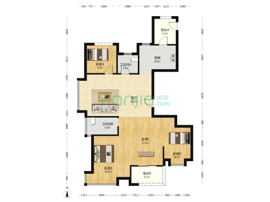 新湖四季果岭 4室1厅2卫 136平方