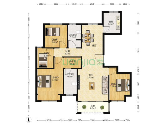 圣桦城三期 4室1厅2卫 135平方