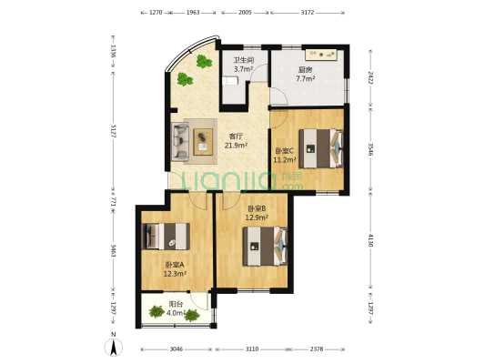 菡青里 3室1厅1卫 91平方