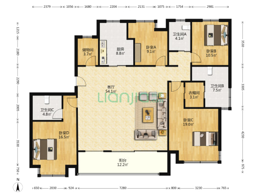 兴邦中央公园 4室1厅3卫 200平方