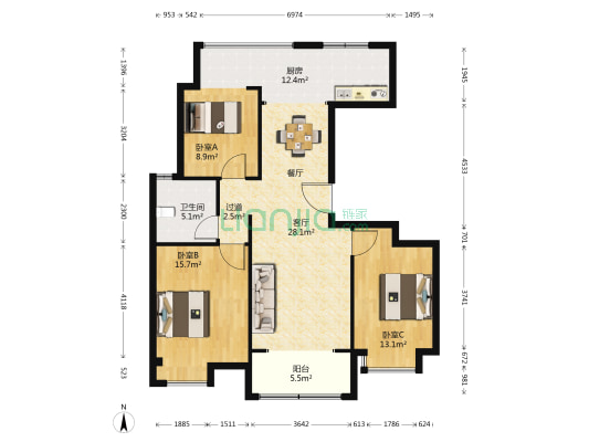 金刘湾 3室1厅1卫 114平方