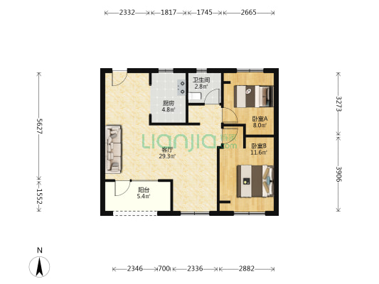 吾悦华府B3 2室1厅1卫 89平方