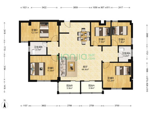 光明南路 5室1厅2卫 140平方