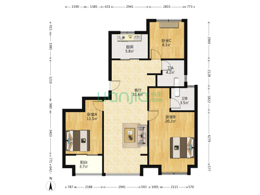 景瑞天赋苑 3室1厅2卫 116平方