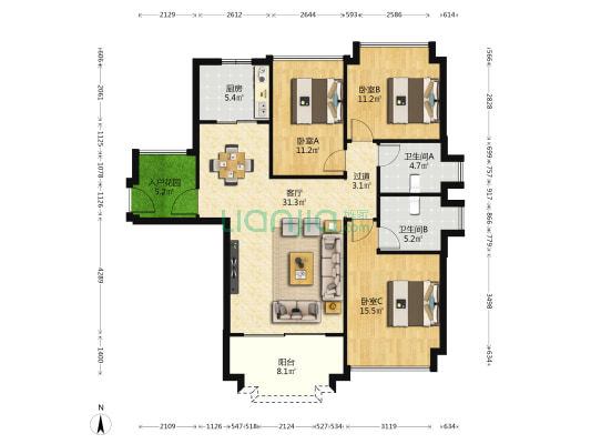 敏捷四季花园 3室1厅2卫 119平方