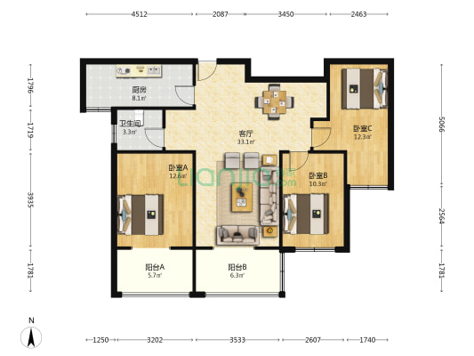 莱茵城 3室1厅1卫 108平方