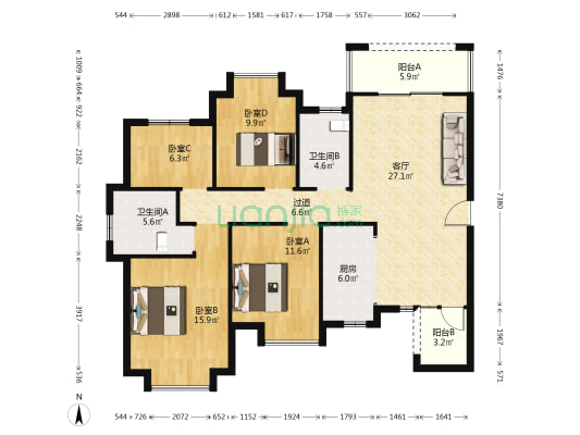 群升大智汇思杨郡F组团 4室1厅2卫 124平方