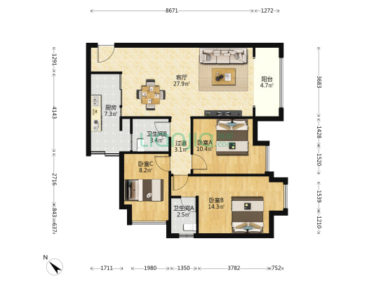科友星城 3室1厅2卫 106平方